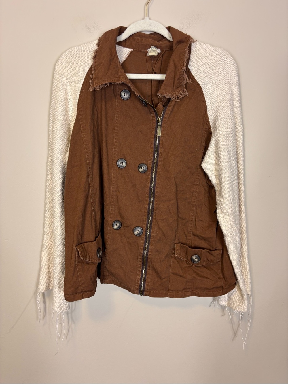 BKE Brown Jacket with Cream Knit Sleeves - Zip Up Front Utility Coat XL
